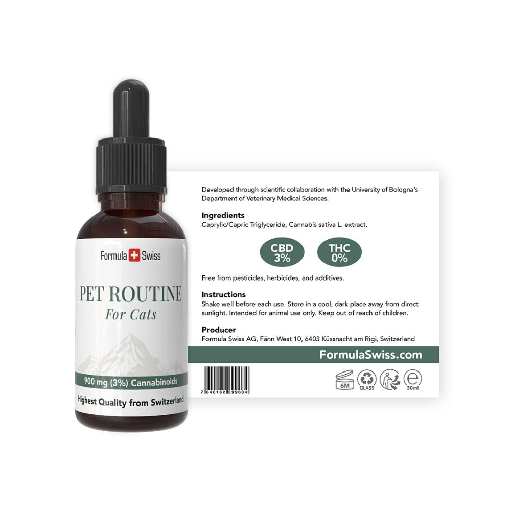 CBD-Ölflasche für Katzen von Formula Swiss mit Tröpfchen auf weißem Hintergrund