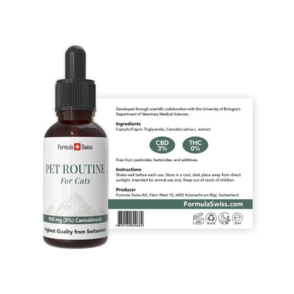 CBD-Ölflasche für Katzen von Formula Swiss mit Tröpfchen auf weißem Hintergrund