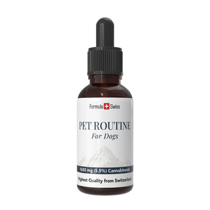 Flasche "Haustierroutine für Hunde" mit einem weißen Etikett auf weißem Hintergrund