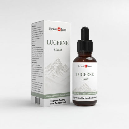 Formula Swiss Luzern Ruhige Flasche und Verpackung auf weißem Hintergrund