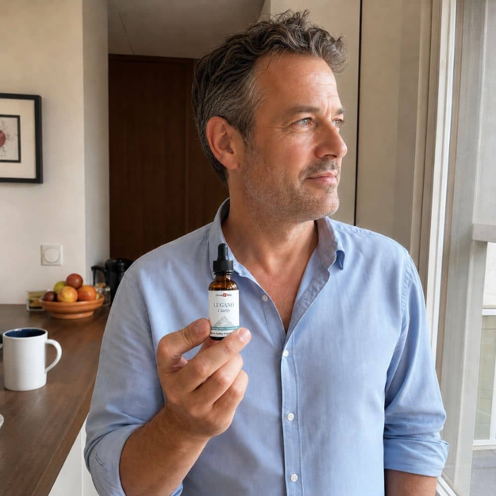Mann, der eine Flasche Lugano CBD Öl in einer Küche hält