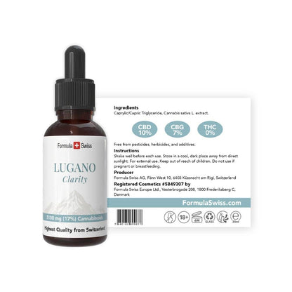 CBD-Tropfflasche mit der Aufschrift "Lugano Clarity" von Formula Swiss auf weißem Hintergrund.