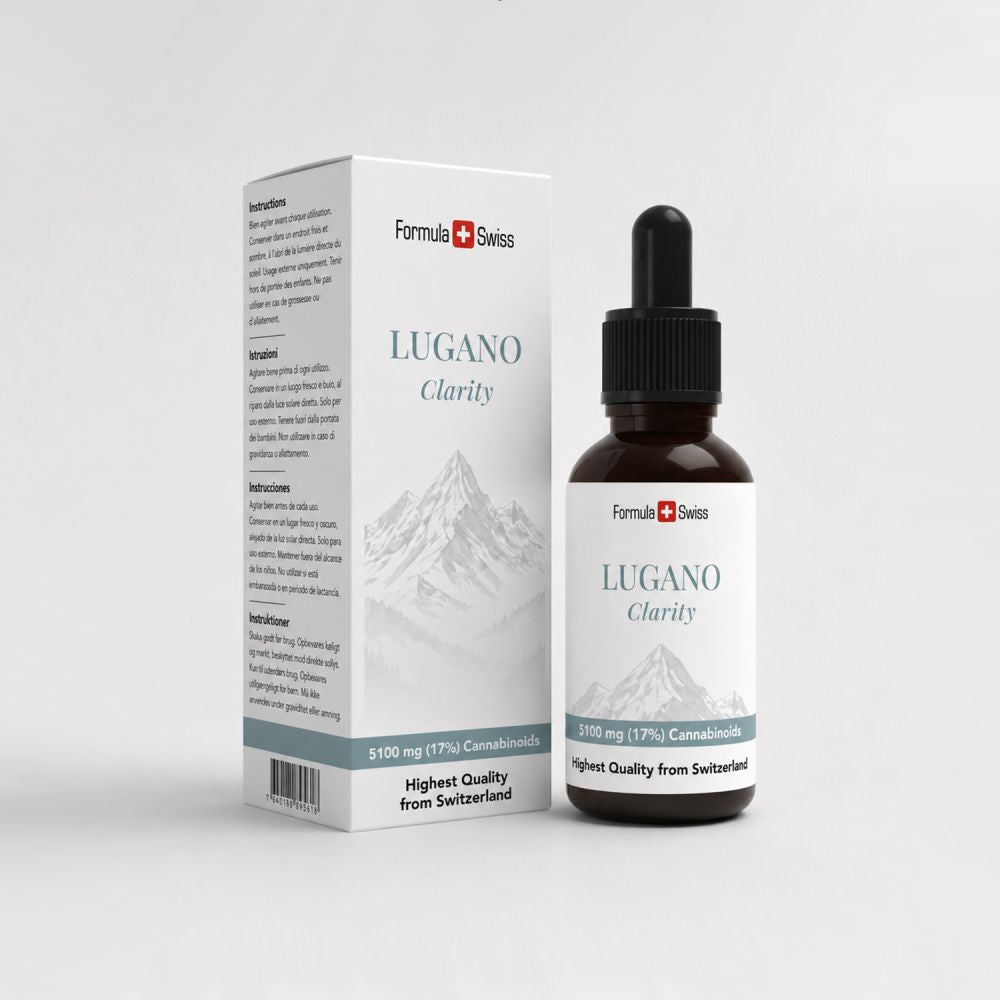Formula Swiss Lugano Clarity Flasche und Verpackung auf weißem Hintergrund