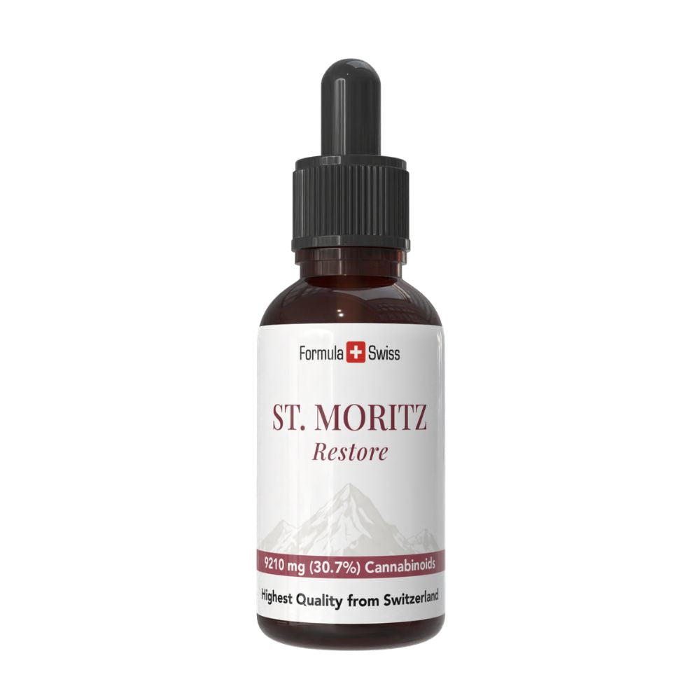 Flasche St. Moritz mit Formula Swiss Branding auf weißem Hintergrund