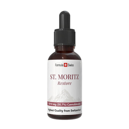 Flasche St. Moritz mit Formula Swiss Branding auf weißem Hintergrund