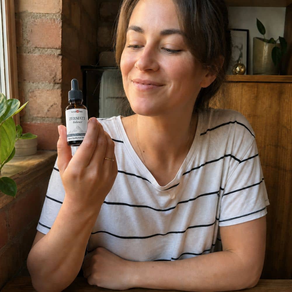 Frau, die eine Flasche Zermatter CBD Öl in einer gemütlichen Innenumgebung hält.