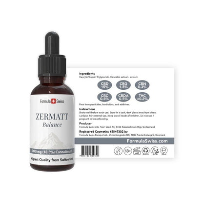 Zermatt Balance CBD Flasche mit Etikett auf weißem Hintergrund