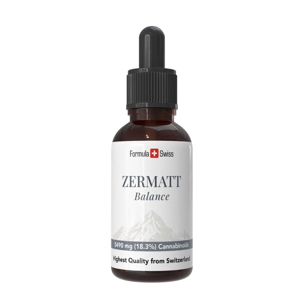 Flasche Zermatter CBD Öl mit Formula Swiss Branding auf weißem Hintergrund