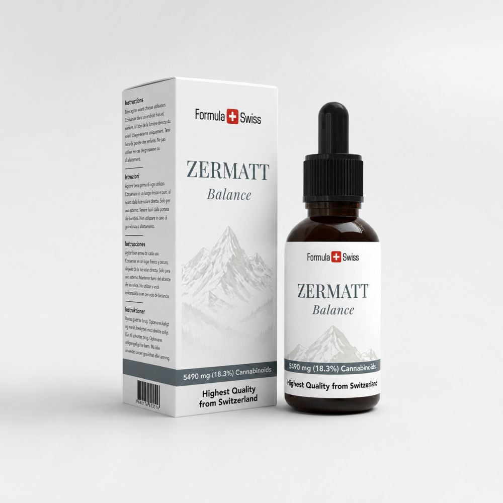 Zermatt Balance Cannabis-Produktverpackung mit Flasche und Box auf hellgrauem Hintergrund